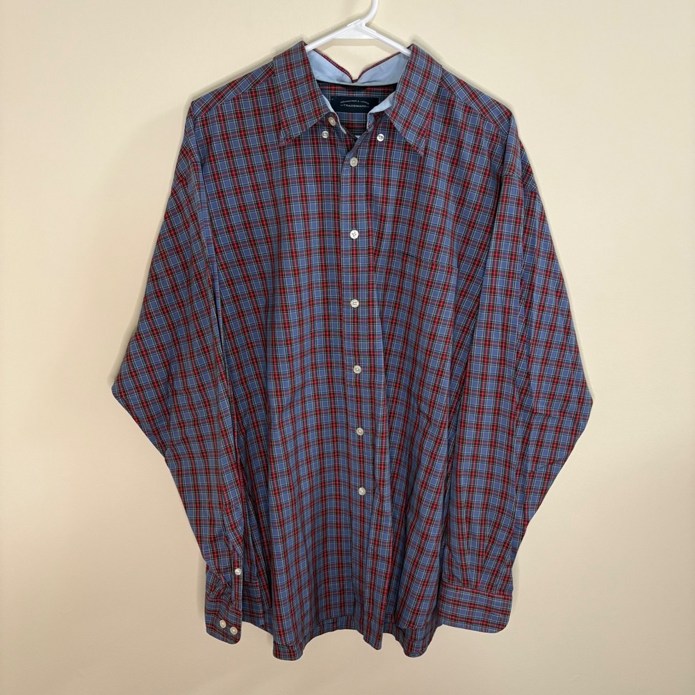 Vintage Roundtree & Yorke Shirt Mens XL Blue Red Plaid Button Down 90s Cotton